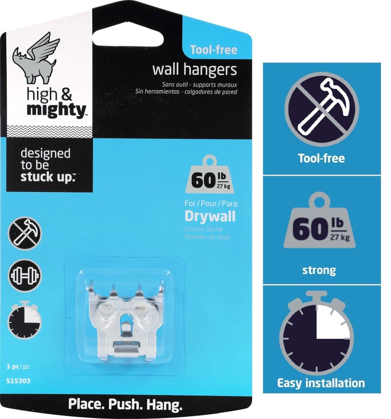 HIGH & MIGHTY 515303 Picture Hanger Set, Easy Tool-Free Dry Wall Art Hangers for Large Artwork, Photos, and Mirrors, Holds up to 60lbs, Steel, Silver
